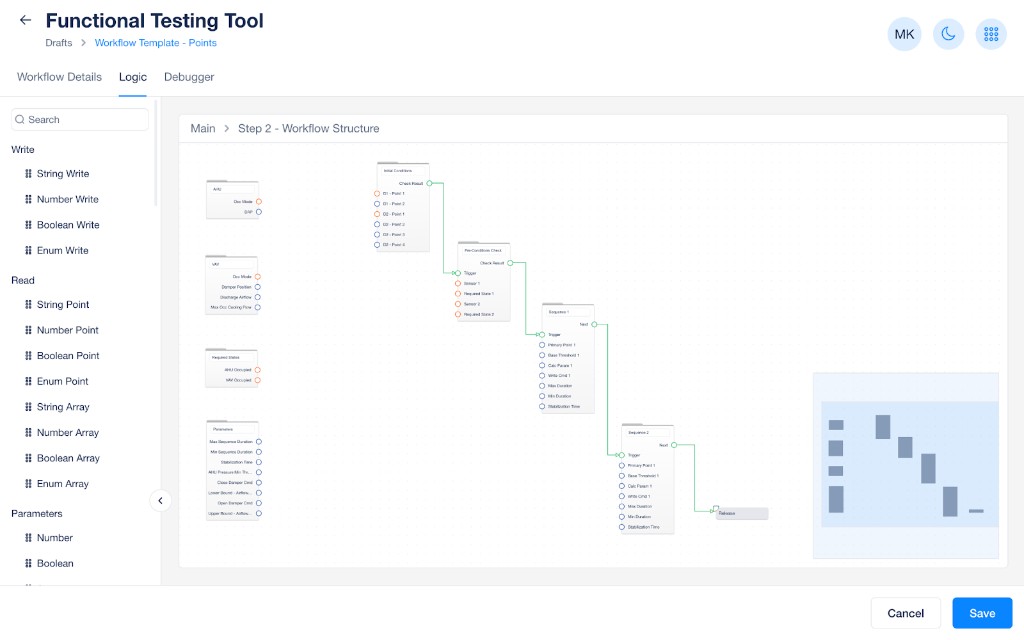 Logic builder showing Step 2 Workflow Structure with AHU and VAV device blocks, Required States, and Parameters connected to an Initial Conditions folder with print outputs, a Pre-Conditions Check folder with trigger and check result, and two Sequence folders each with Trigger, Primary Point, Base Threshold, Calc Point, Write Cmd, Min Duration, Max Duration, and Stabilization Time inputs