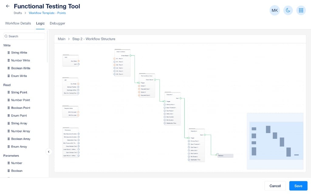 Logic builder showing Step 2 Workflow Structure with AHU and VAV device blocks, Required States, and Parameters connected to an Initial Conditions folder with print outputs, a Pre-Conditions Check folder with trigger and check result, and two Sequence folders each with Trigger, Primary Point, Base Threshold, Calc Point, Write Cmd, Min Duration, Max Duration, and Stabilization Time inputs