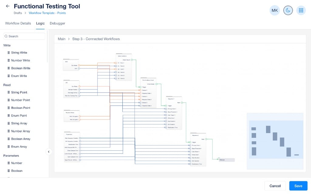 Logic builder showing Step 3 Connected Workflows with all VAV, AHU, Required States, and Parameters blocks fully wired into Initial Conditions, Pre-Conditions Check, Sequence 1 and Sequence 2 folders with connection lines visible between all inputs and outputs