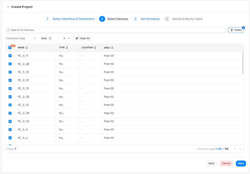 Create Project step 2 showing device selection table with Name, Type, Location, and Area columns, filtered by Area with 2 selected, showing 50 FCU devices across Floor 02 and Floor 03 all selected with checkboxes