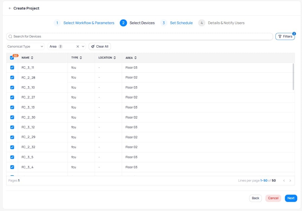 Create Project step 2 showing device selection table with Name, Type, Location, and Area columns, filtered by Area with 2 selected, showing 50 FCU devices across Floor 02 and Floor 03 all selected with checkboxes