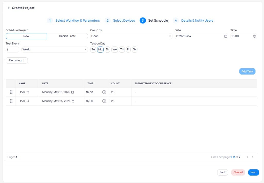Create Project step 3 showing Schedule Project set to Now, Group by Floor, Date 2026-05-14, Time 16:00, Test Every 1 Week on Monday, with Recurring toggle and task preview table showing Floor 02 on May 18 and Floor 03 on May 25 with 25 devices each at 16:00