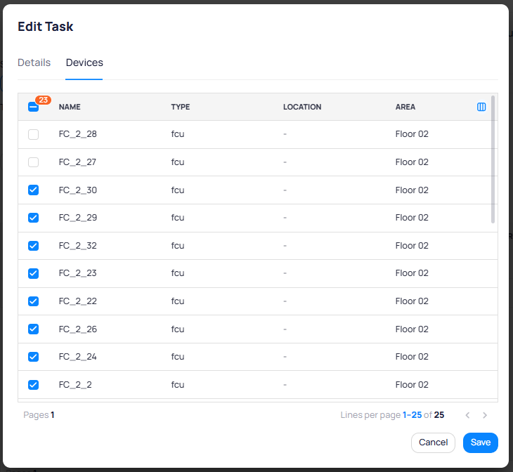 Edit Task dialog Devices tab showing 25 FCU devices on Floor 02 with Name, Type, Location, and Area columns, with 23 of 25 devices selected