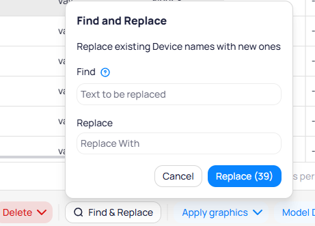 Find and Replace dialog with Find and Replace fields, showing Replace 39 button to apply changes to all selected devices