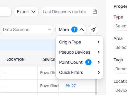More filters dropdown showing Origin Type, Pseudo Devices, Point Count, and Quick Filters options