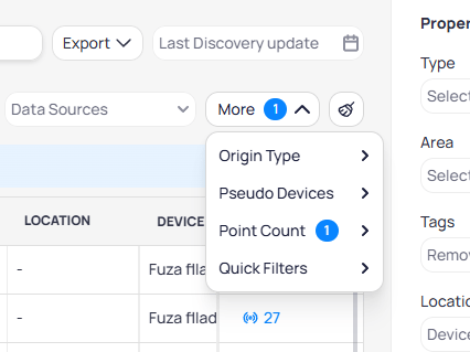 More filters dropdown showing Origin Type, Pseudo Devices, Point Count, and Quick Filters options