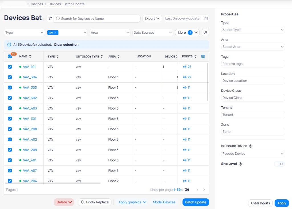 Batch Update page with all 39 VAV devices selected and a Properties panel on the right showing fields for Type, Area, Tags, Location, Device Class, Tenant, Zone, Is Pseudo Device, and Site Level, with Clear Inputs and Apply buttons