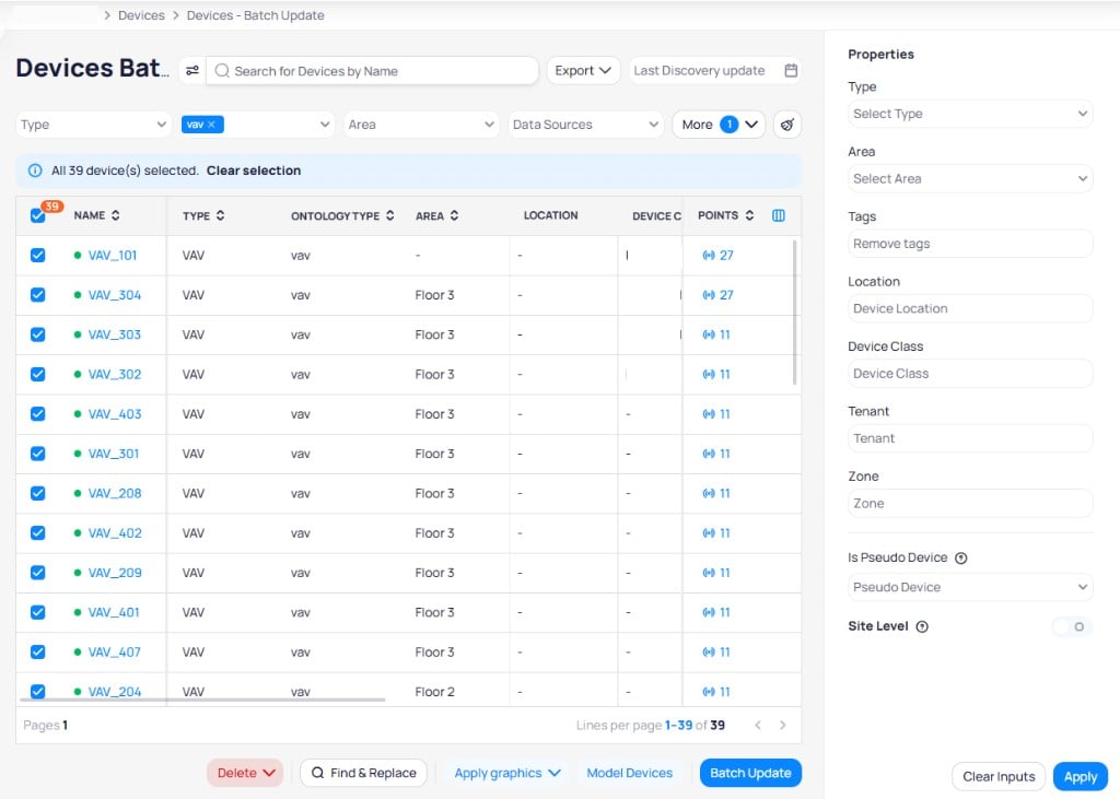 Batch Update page with all 39 VAV devices selected and a Properties panel on the right showing fields for Type, Area, Tags, Location, Device Class, Tenant, Zone, Is Pseudo Device, and Site Level, with Clear Inputs and Apply buttons