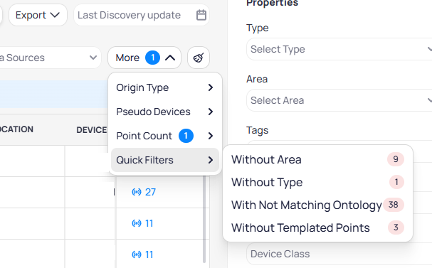 Quick Filters submenu showing Without Area 9, Without Type 1, With Not Matching Ontology 38, and Without Templated Points 3