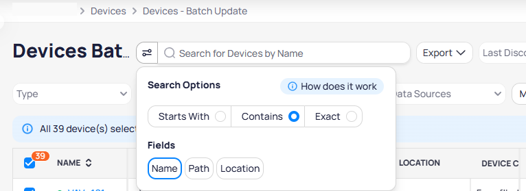 Search Options panel showing Starts With, Contains, and Exact match modes, and Fields toggles for Name, Path, and Location