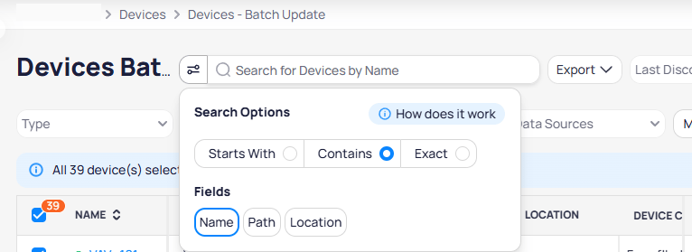 Search Options panel showing Starts With, Contains, and Exact match modes, and Fields toggles for Name, Path, and Location