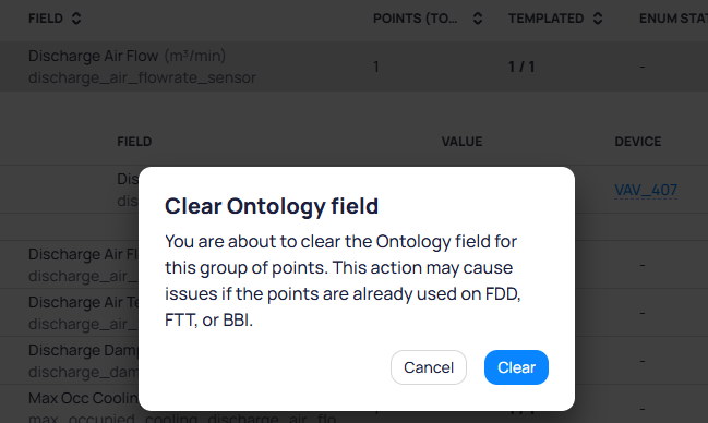 Clear Ontology field confirmation dialog warning that clearing the field may cause issues if the points are already used on FDD, FTT, or BBI, with Cancel and Clear buttons