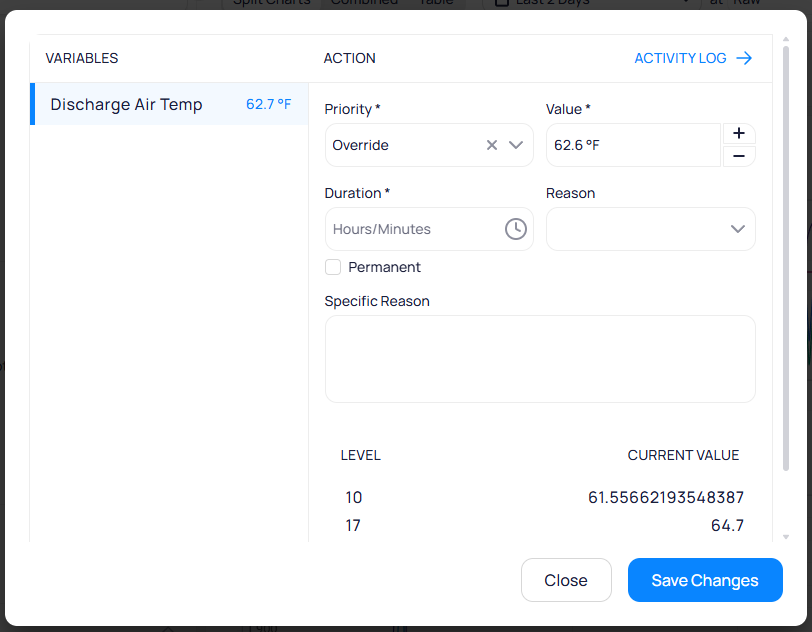 Command dialog for Discharge Air Temp showing Override action, value field, duration, reason, permanent checkbox, and current levels including priority 8 and fallback