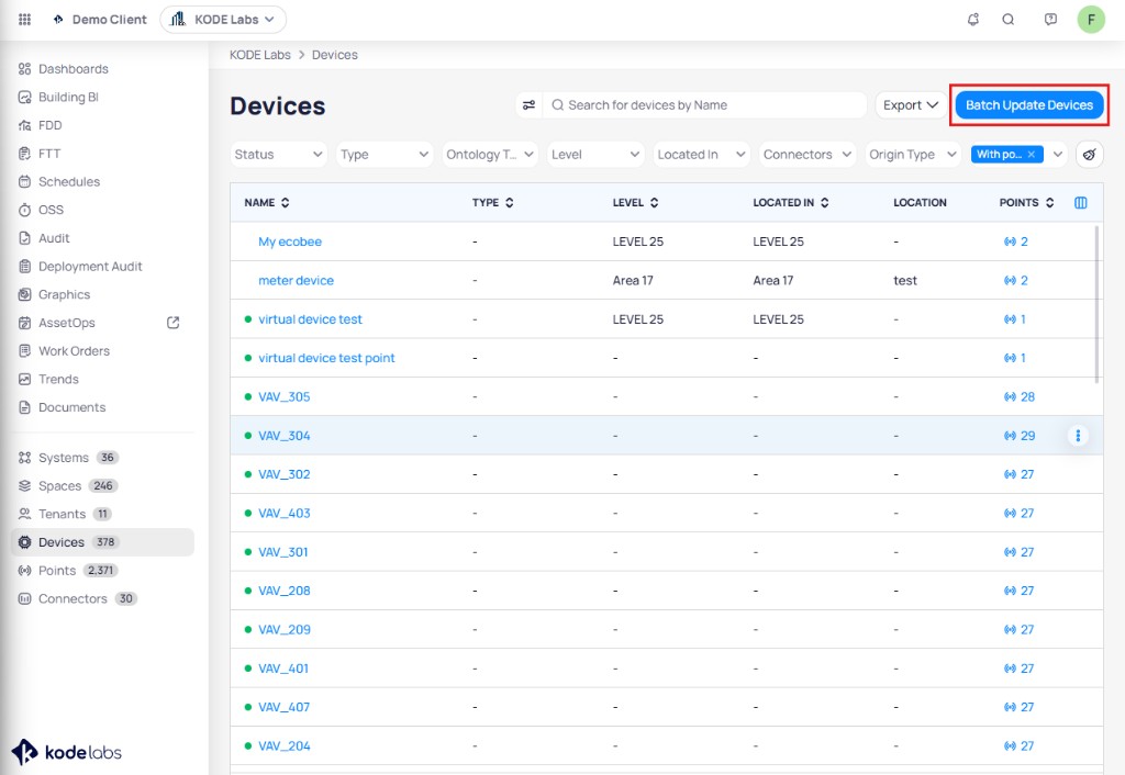 Devices list with search, filters, device table, and Batch Update Devices button highlighted in the upper right corner
