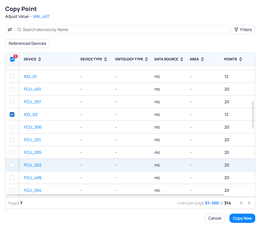 Copy Point dialog for Adjust Value from VAV_407 with search bar, Filters button, Referenced Devices tab, sortable device table showing Device, Device Type, Ontology Type, Data Source, Area, and Points columns with IEQ_02 selected, pagination showing 314 devices, and Cancel and Copy Now buttons