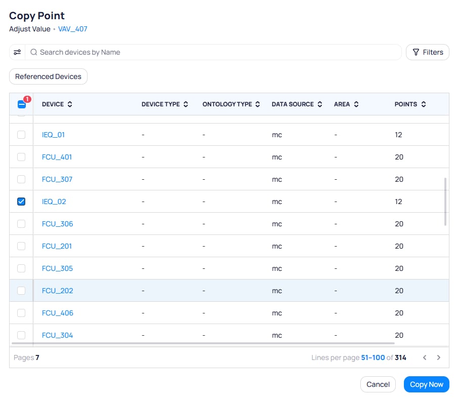 Copy Point dialog for Adjust Value from VAV_407 with search bar, Filters button, Referenced Devices tab, sortable device table showing Device, Device Type, Ontology Type, Data Source, Area, and Points columns with IEQ_02 selected, pagination showing 314 devices, and Cancel and Copy Now buttons