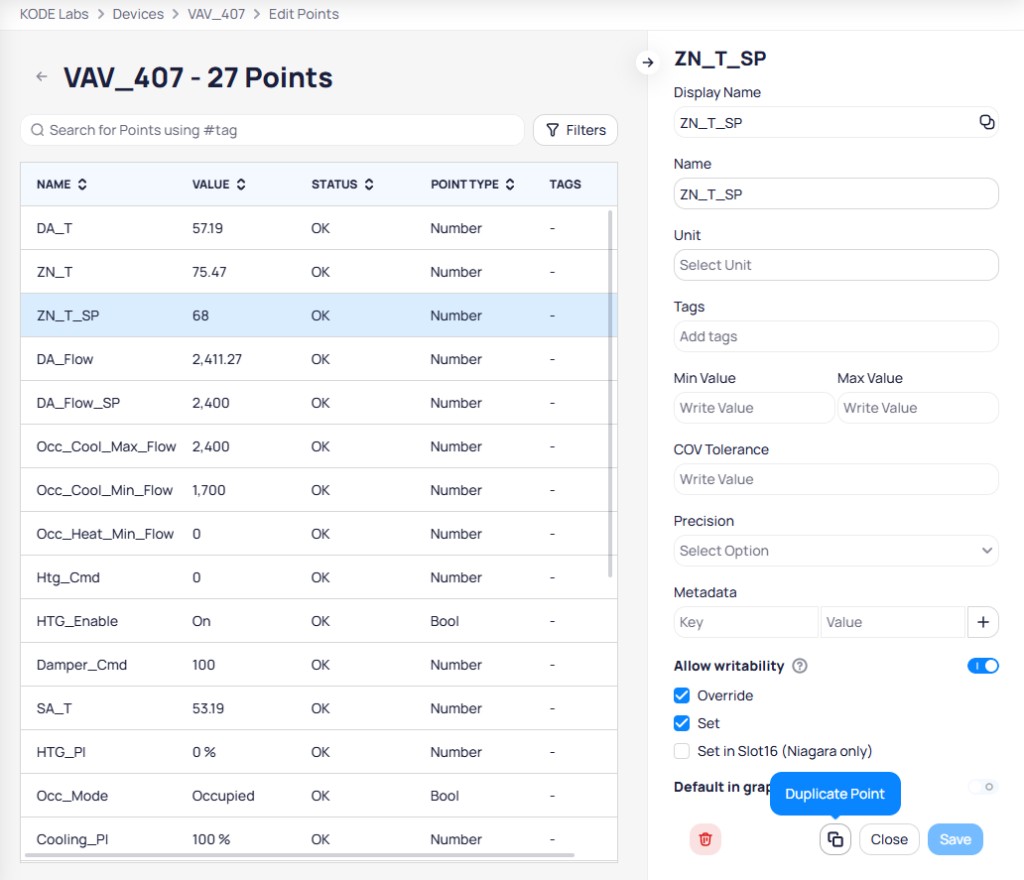 Edit Points view for VAV_407 with 27 points listed on the left showing name, value, status, and point type columns, and ZN_T_SP configuration panel on the right with Display Name, Unit, Tags, Min and Max Value, COV Tolerance, Precision, Metadata, Allow writability toggle, and Duplicate Point button highlighted at the bottom