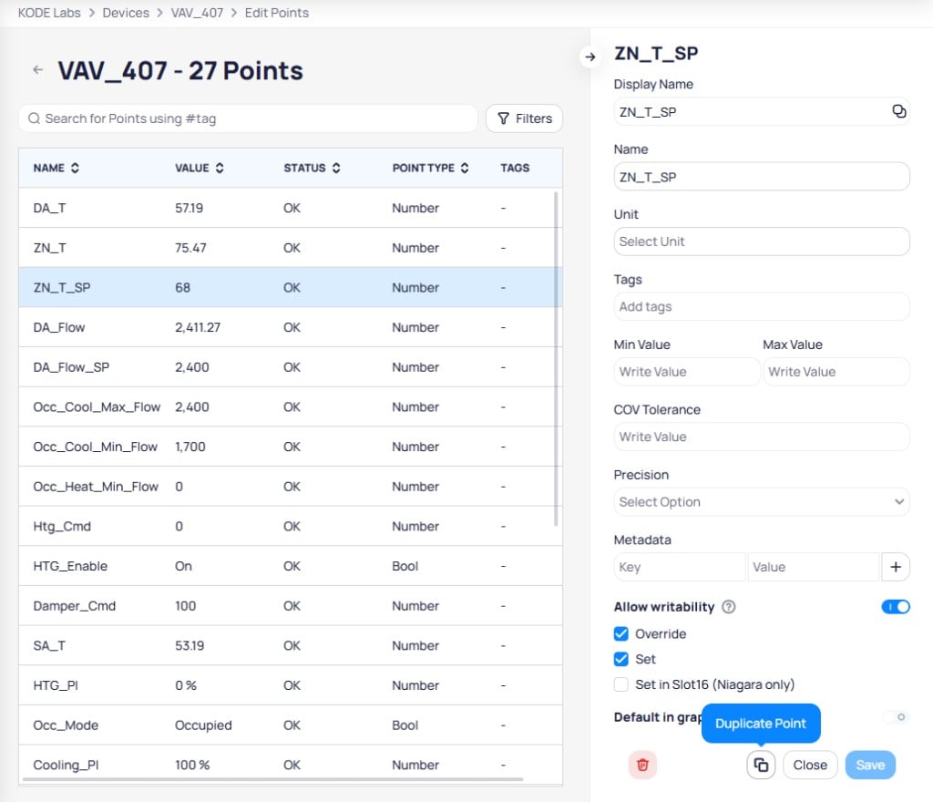 Edit Points view for VAV_407 with 27 points listed on the left showing name, value, status, and point type columns, and ZN_T_SP configuration panel on the right with Display Name, Unit, Tags, Min and Max Value, COV Tolerance, Precision, Metadata, Allow writability toggle, and Duplicate Point button highlighted at the bottom