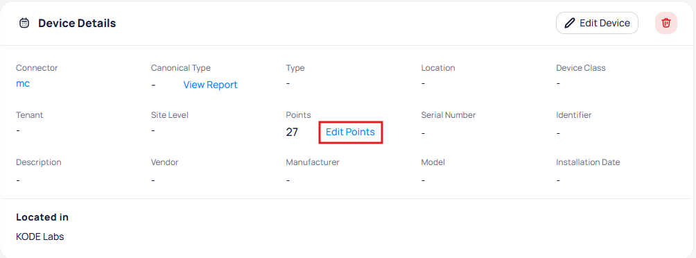 Device Details panel showing Connector, Canonical Type, Type, Location, Device Class, Tenant, Site Level, Points count of 27 with Edit Points link highlighted, Serial Number, Identifier, and other metadata fields