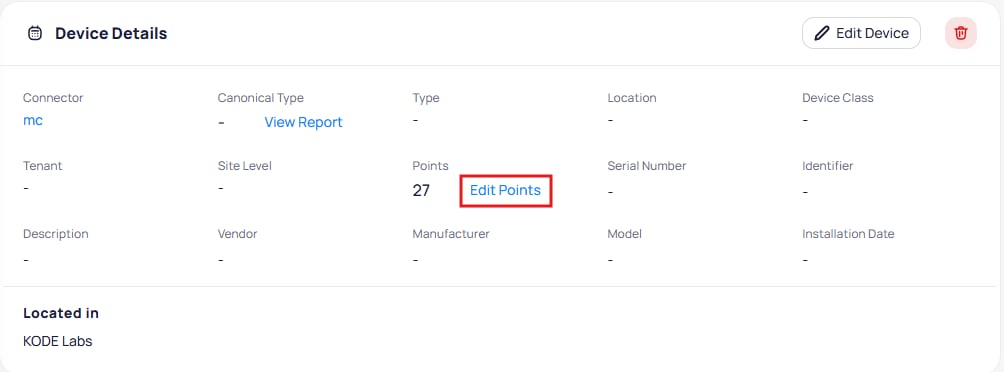 Device Details panel showing Connector, Canonical Type, Type, Location, Device Class, Tenant, Site Level, Points count of 27 with Edit Points link highlighted, Serial Number, Identifier, and other metadata fields