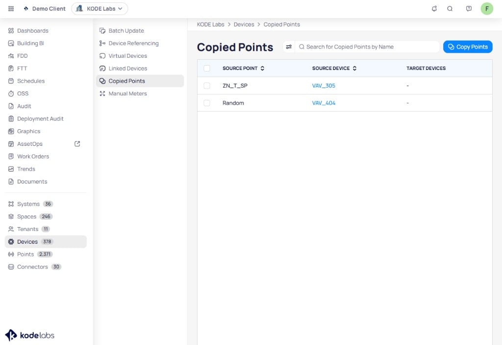 Copied Points page with sidebar showing Batch Update, Device Referencing, Virtual Devices, Linked Devices, Copied Points selected, search bar, Copy Points button, and table columns for source point, source device, and target devices