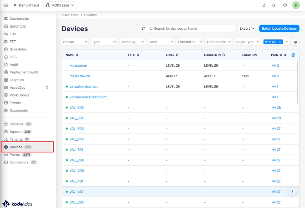 Cloud BMS sidebar with Devices highlighted at the bottom, showing device count next to Systems, Spaces, Tenants, and Points