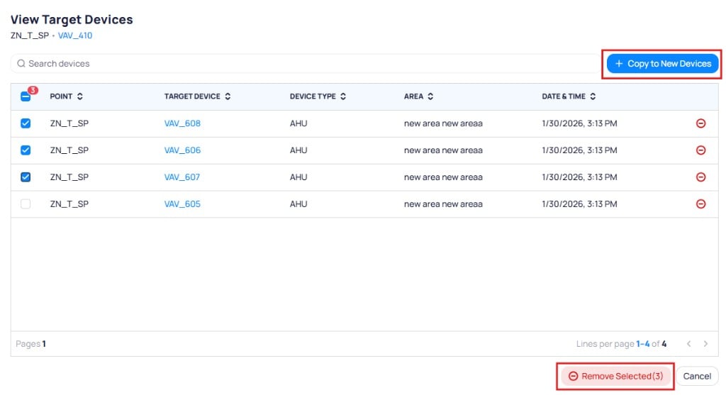 View Target Devices page with subtitle showing source point and device, search bar, Copy to New Devices button, table of target devices with checkboxes, and Remove Selected button