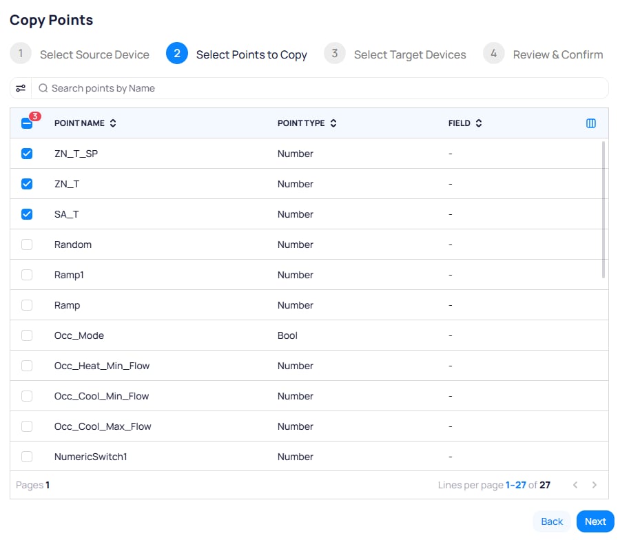 Copy Points wizard step 2 showing points table with checkboxes, columns for point name, point type, and field, with several numeric points selected