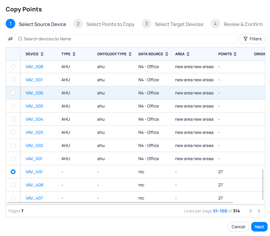 Copy Points wizard step 1 with stepper, search devices by Name, Filters, device table with radio selection, and VAV_410 selected as source