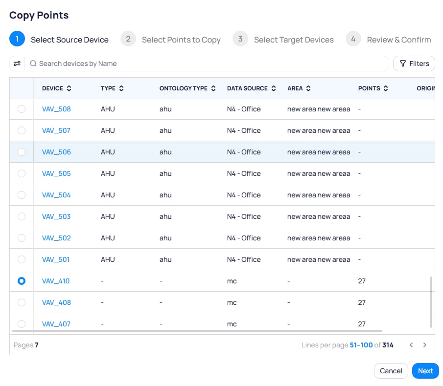 Copy Points wizard step 1 with stepper, search devices by Name, Filters, device table with radio selection, and VAV_410 selected as source
