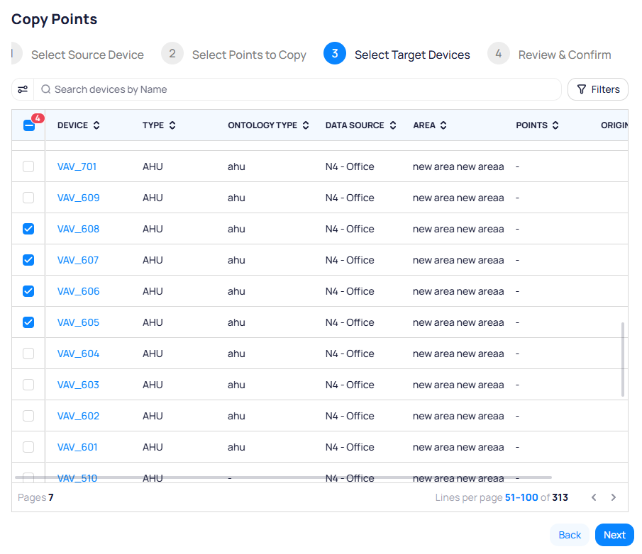 Copy Points wizard step 3 with device table, header checkbox showing partial selection count, and multiple target devices checked