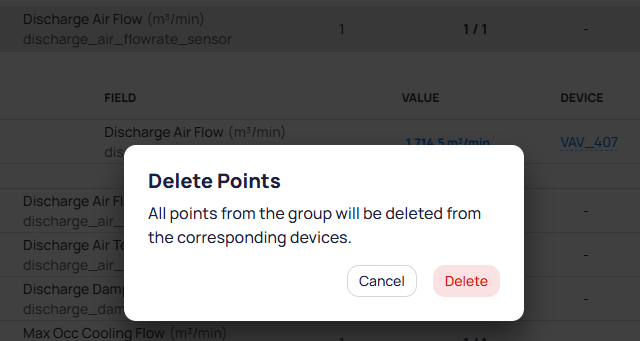 Delete Points confirmation dialog stating all points from the group will be deleted from the corresponding devices, with Cancel and Delete buttons