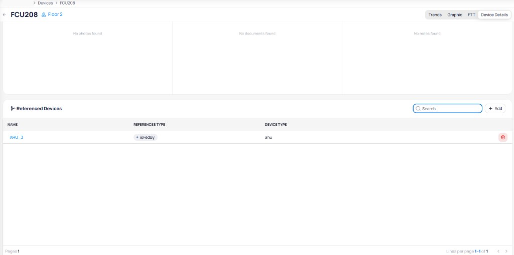 FCU208 Device Details tab showing the Referenced Devices section with AHU_3 listed as isFedBy reference with device type ahu, and Add and delete buttons
