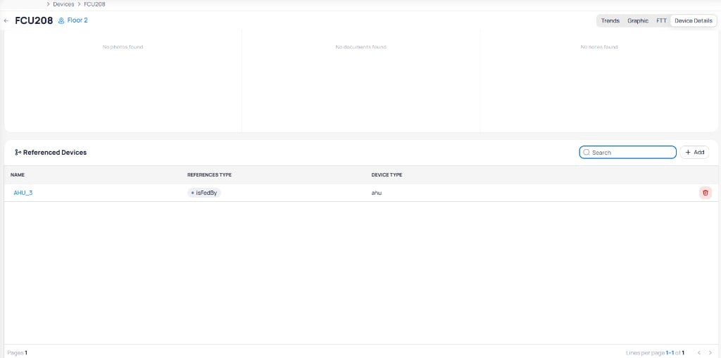 FCU208 Device Details tab showing the Referenced Devices section with AHU_3 listed as isFedBy reference with device type ahu, and Add and delete buttons