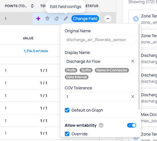 Edit field configs panel showing Original Name, Display Name with Prefix, Suffix, Name in Connector, and Data Interval tags, COV Tolerance set to 1, Default on Graph checkbox, Allow writability toggle, and Override checkbox