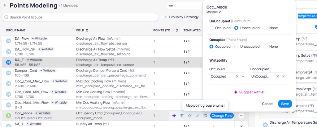 Enum mapping panel for Occ_Mode showing UnOccupied and Occupied Point Enum states with Occupied, Unoccupied, and None radio options, and Writability settings per mode with Suggest with AI and Save buttons
