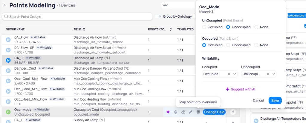 Enum mapping panel for Occ_Mode showing UnOccupied and Occupied Point Enum states with Occupied, Unoccupied, and None radio options, and Writability settings per mode with Suggest with AI and Save buttons