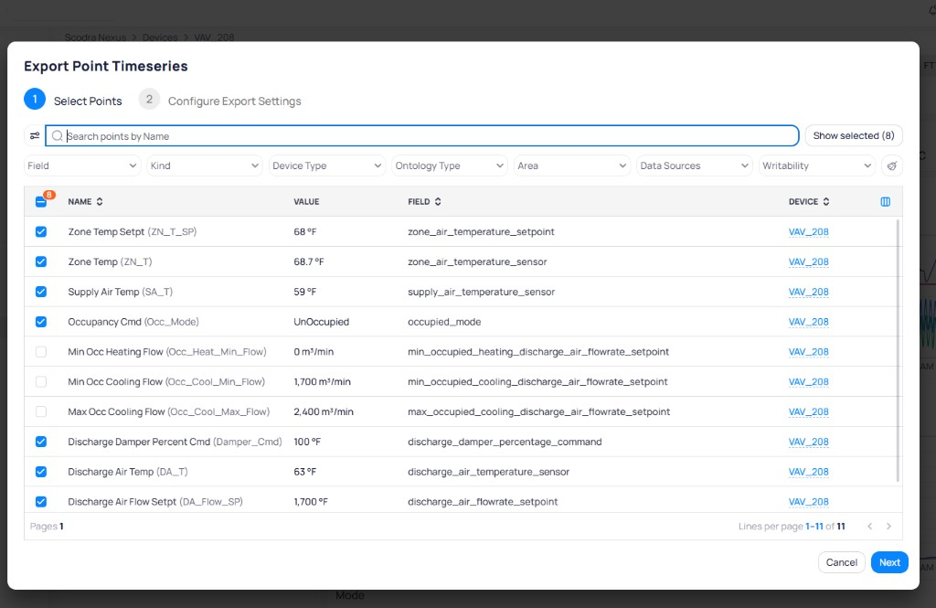 Export Point Timeseries step 1 showing a list of points with checkboxes, values, fields, and device assignments
