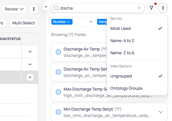 Field panel sort menu showing Sort by options for Most Used, Name A to Z, and Name Z to A, and View Options for Ungrouped and Ontology Groups