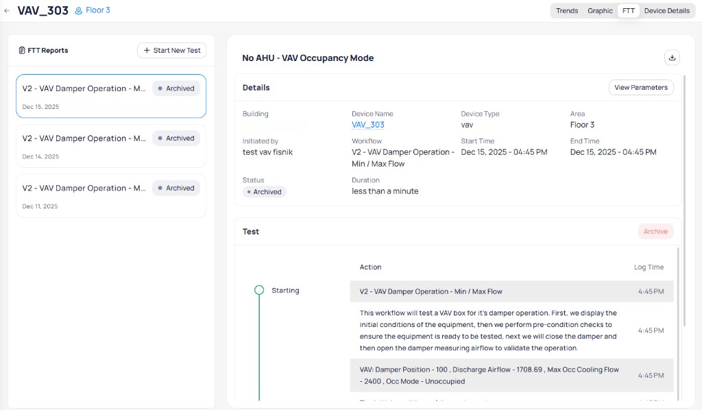 FTT tab showing archived test reports on the left and a test detail view with building, device, workflow, status, duration, and a step-by-step action log