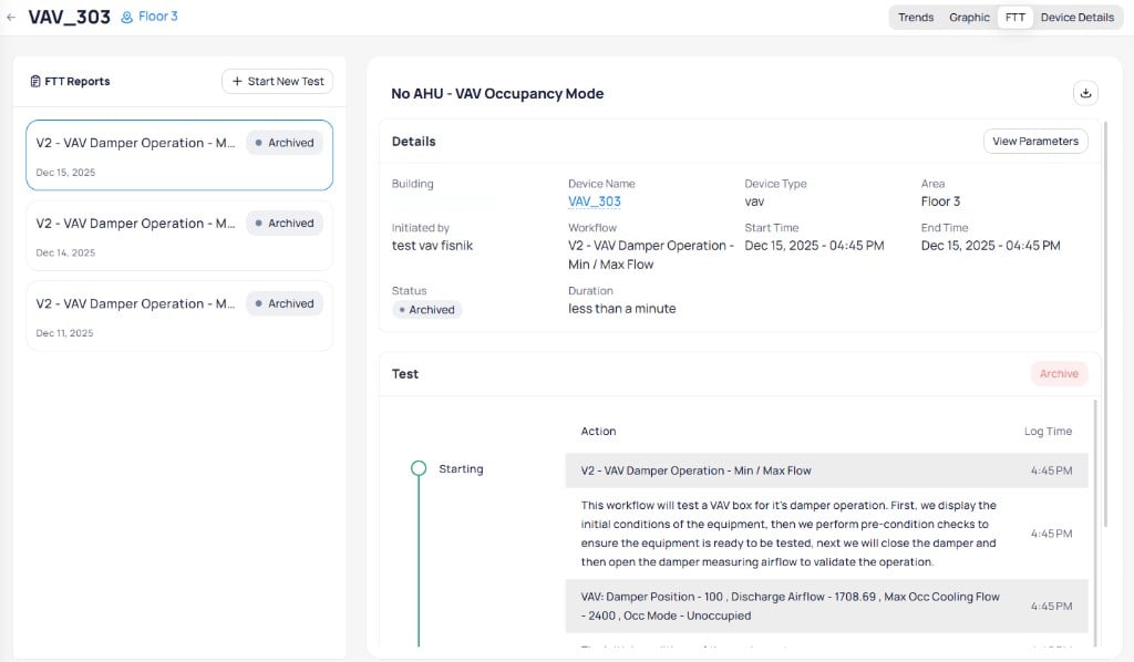 FTT tab showing archived test reports on the left and a test detail view with building, device, workflow, status, duration, and a step-by-step action log