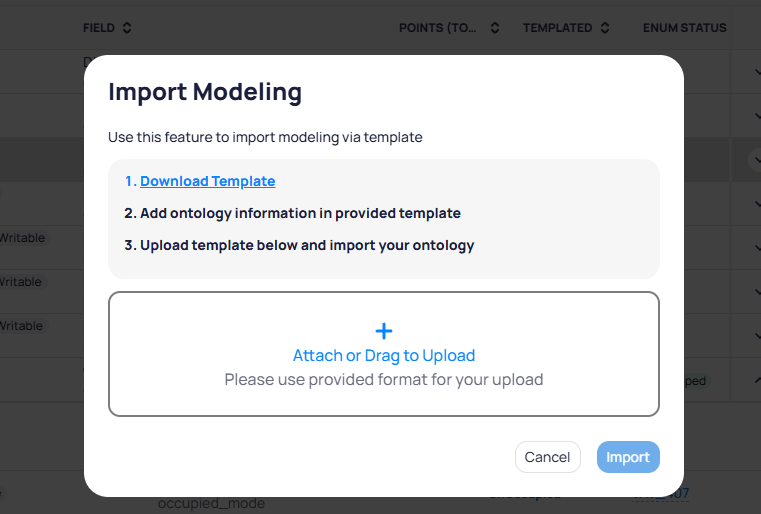 Import Modeling dialog showing three steps: Download Template, Add ontology information in provided template, and Upload template below and import your ontology, with a file upload area