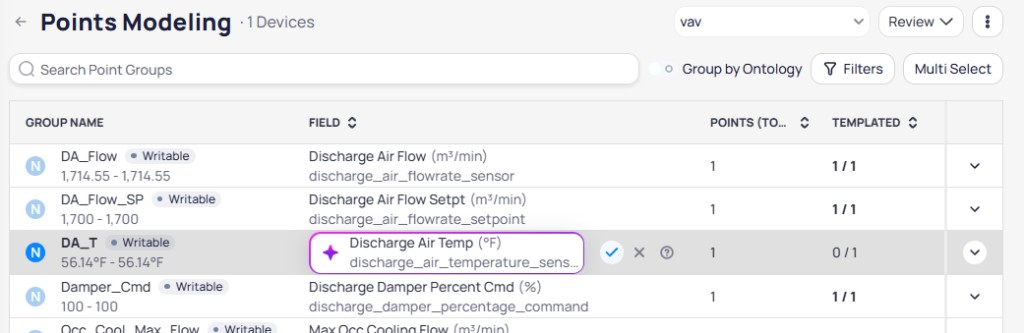 Inline field suggestion for DA_T showing Discharge Air Temp with accept, cancel, and info icons, and templated status 0 of 1