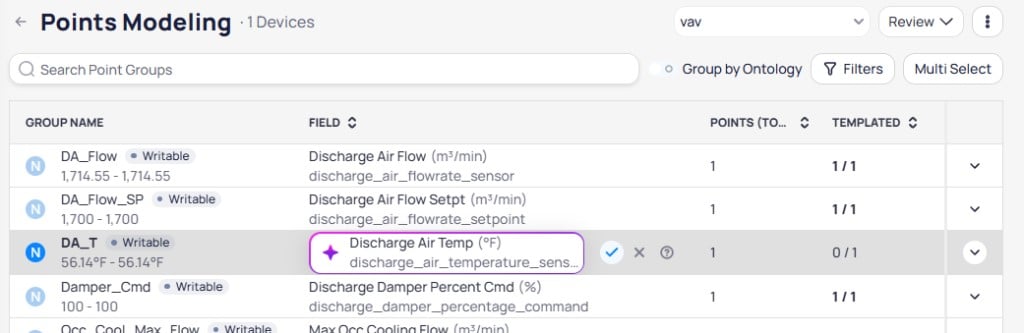 Inline field suggestion for DA_T showing Discharge Air Temp with accept, cancel, and info icons, and templated status 0 of 1