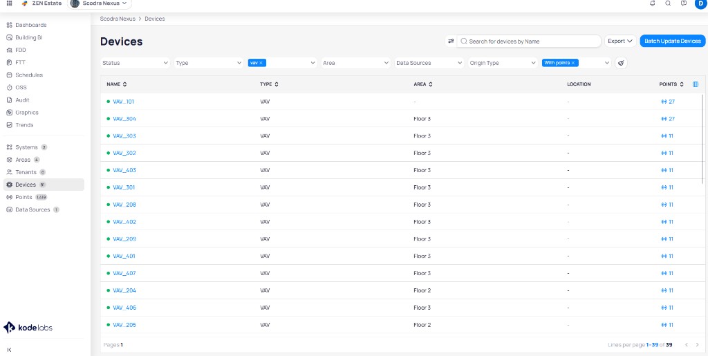 Devices list with columns for name, type, area, location, and points, with filter options at the top