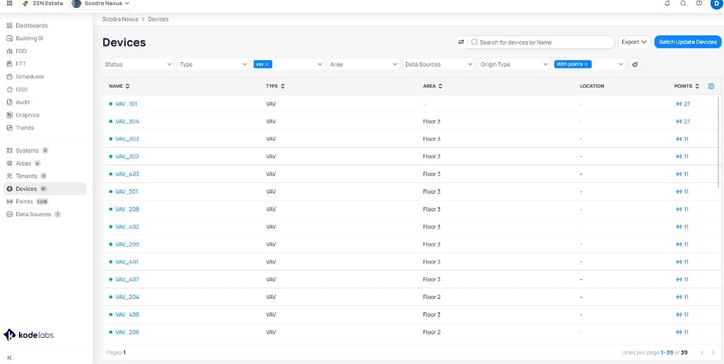 Devices list with columns for name, type, area, location, and points, with filter options at the top
