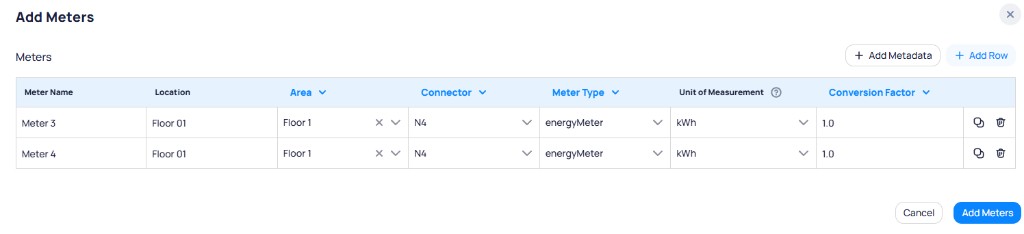 Add Meters modal with table rows for Meter Name, Location, Area, Connector, Meter Type, Unit of Measurement, and Conversion Factor, plus Add Metadata and Add Row buttons