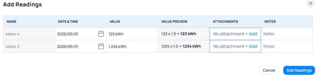 Add Readings modal with rows for Meter 4 and Meter 3 showing Date and Time, Value, Value Preview, Attachments, and Notes columns