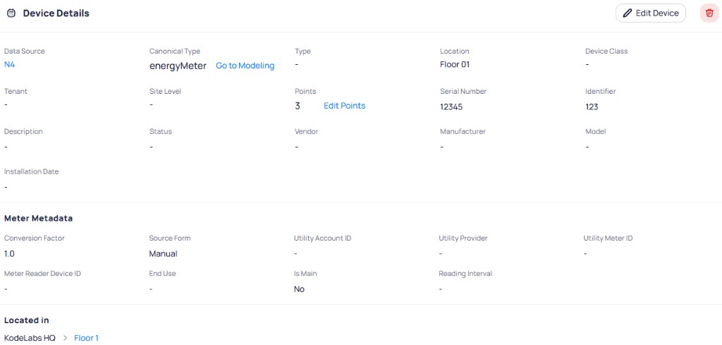 Device Details section showing general device fields, Meter Metadata with Source Form Manual and Conversion Factor, and Edit Device and delete buttons in the header
