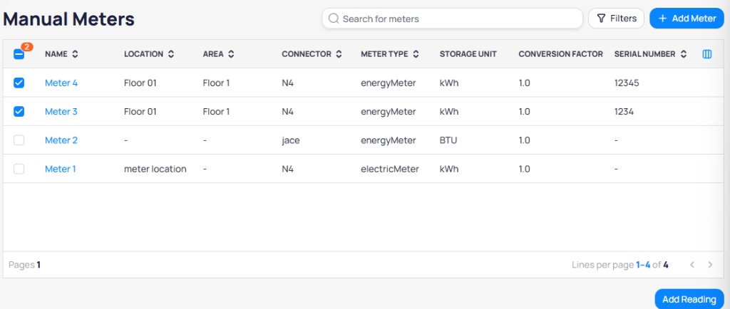Manual Meters list with Meter 3 and Meter 4 selected and Add Reading button visible in the bottom right